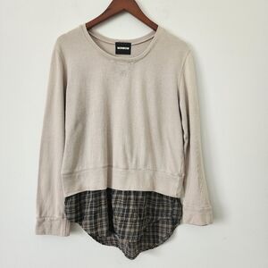 Monrow Women's French Plaid Double Layer Sweatshirt in Fawn Size Medium